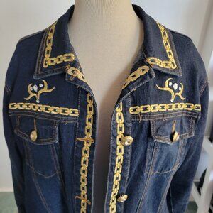 DIANE GILMAN Gold Studded & Trimmed Denim Jacket (Size: Large)